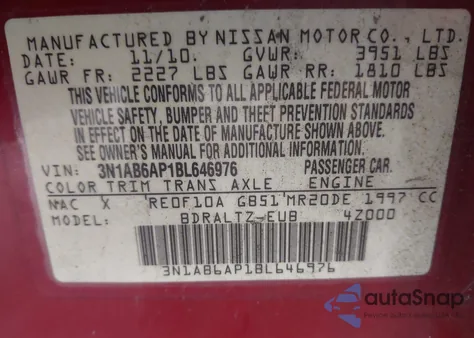 2011 Nissan Sentra 2.0S from USA, damaged, VIN 3N1AB6AP1BL646976